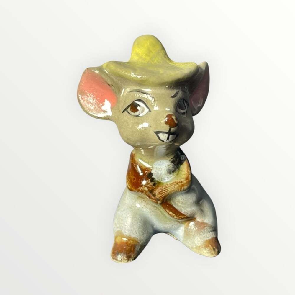 Vintage Ceramic Mouse Figurine with Cowboy Hat Made in Japan